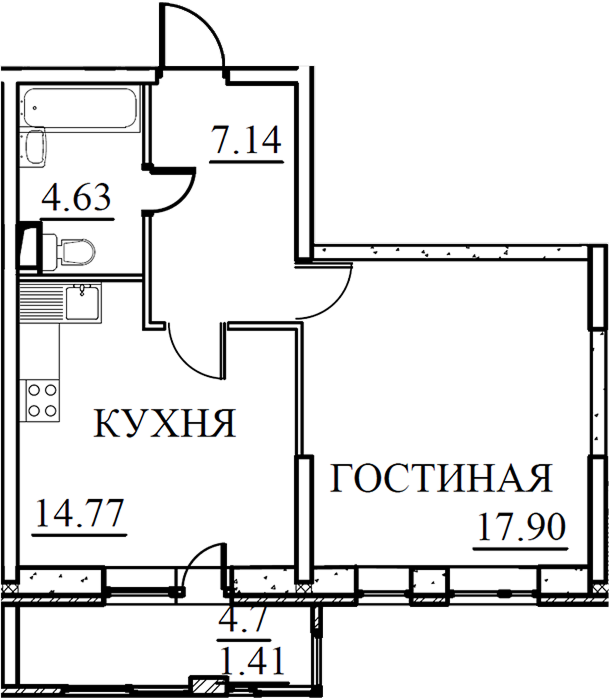 1-комнатная, 45,85 кв.м.