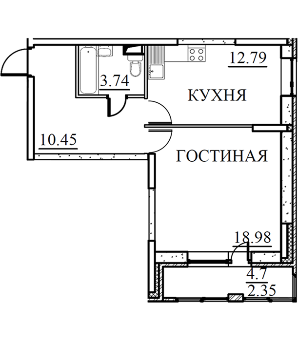 1-комнатная, 48,31 кв.м.