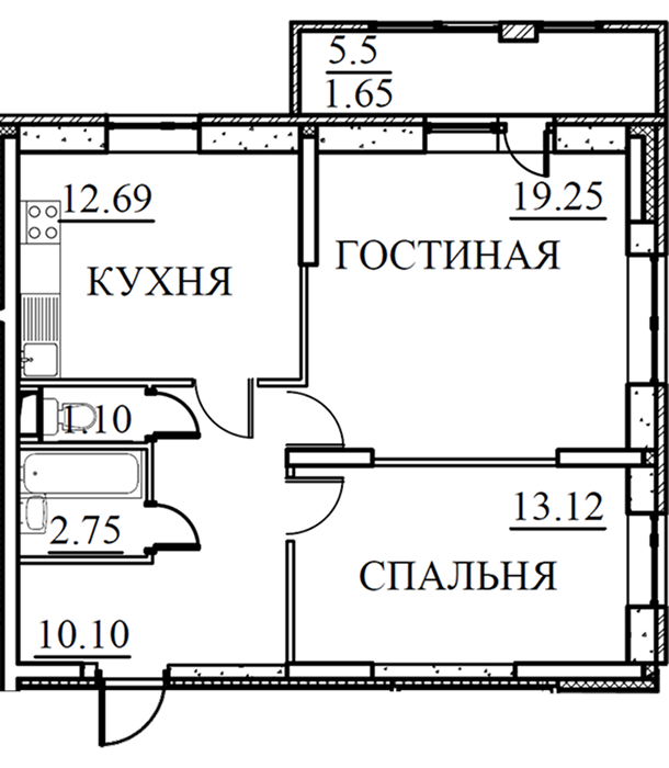 2-комнатная, 60,66 кв.м.