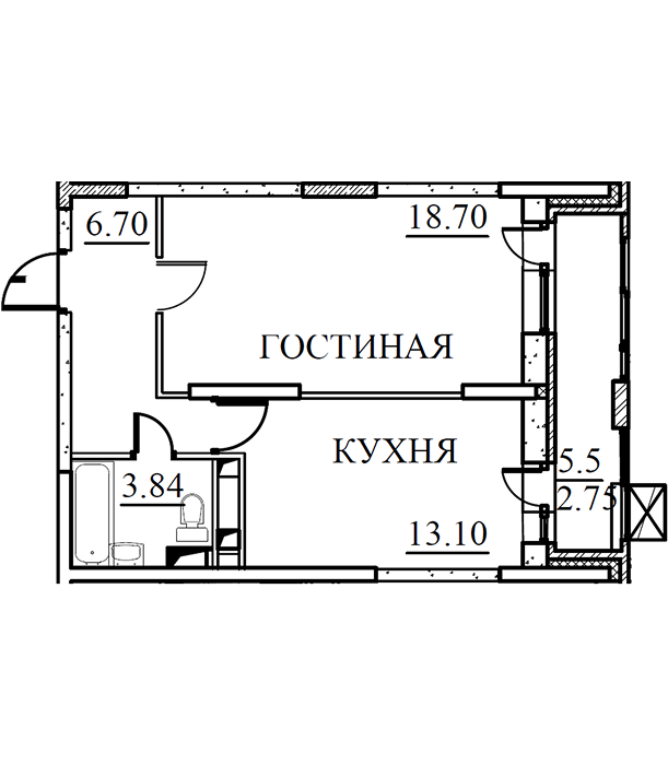 1-комнатная, 45,09 кв.м.
