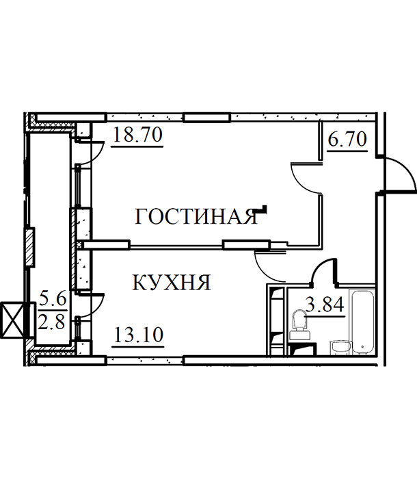 1-комнатная, 45,14 кв.м.