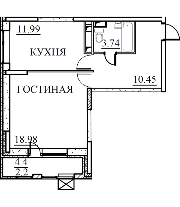 1-комнатная, 47,36 кв.м.