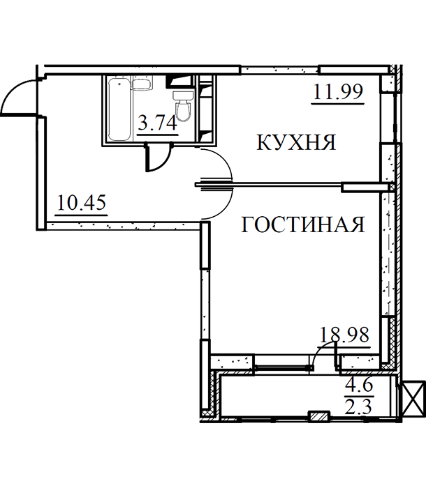 1-комнатная, 47,46 кв.м.