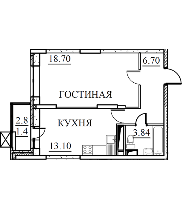 1-комнатная, 43,74 кв.м.