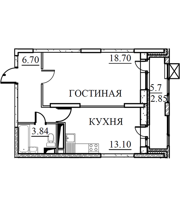 1-комнатная, 45,19 кв.м.